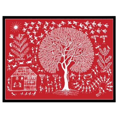 Immerse yourself in the vibrant rhythms of village life depicted in this exquisite Warli art piece. for studio
