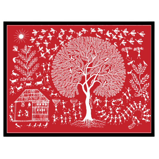 Immerse yourself in the vibrant rhythms of village life depicted in this exquisite Warli art piece. for studio