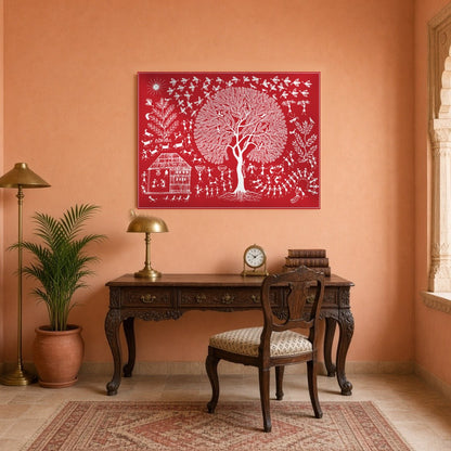 Immerse yourself in the vibrant rhythms of village life depicted in this exquisite Warli art piece. for Study