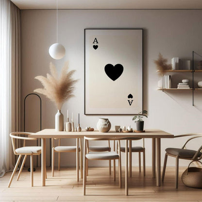 This image displays a classic playing card: the Ace of Hearts. The card is white with a clean, simp… for dining room