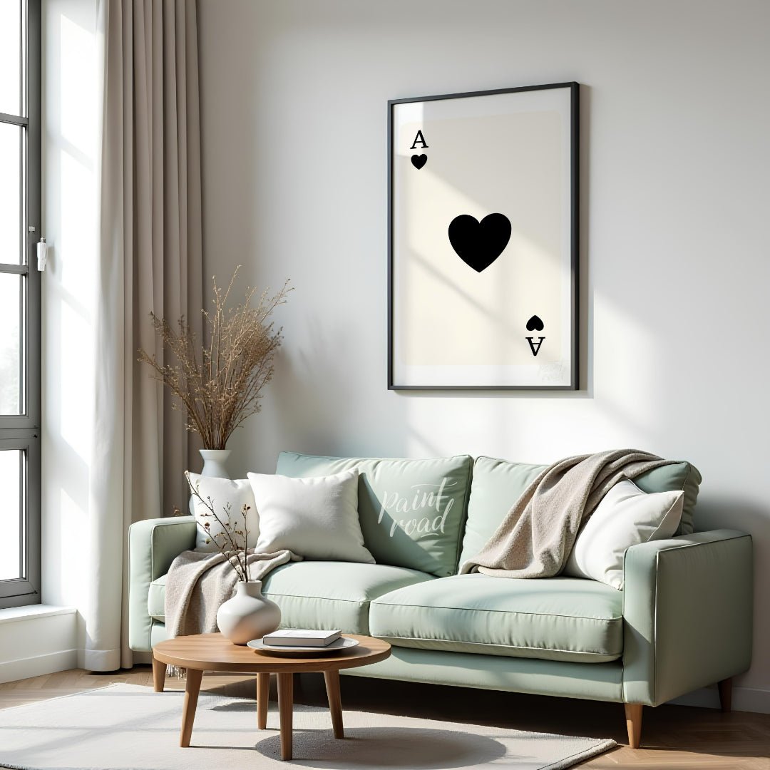 This image displays a classic playing card: the Ace of Hearts. The card is white with a clean, simp… for living room
