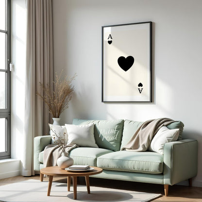 This image displays a classic playing card: the Ace of Hearts. The card is white with a clean, simp… for living room