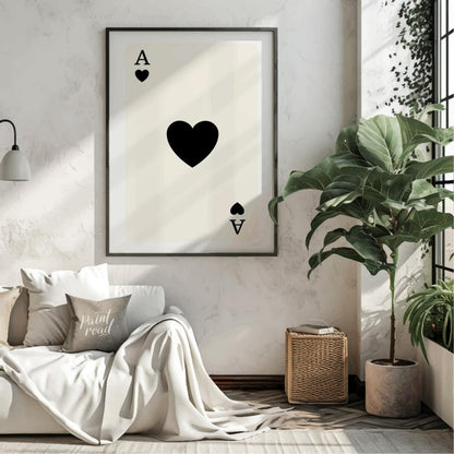This image displays a classic playing card: the Ace of Hearts. The card is white with a clean, simp… for living room