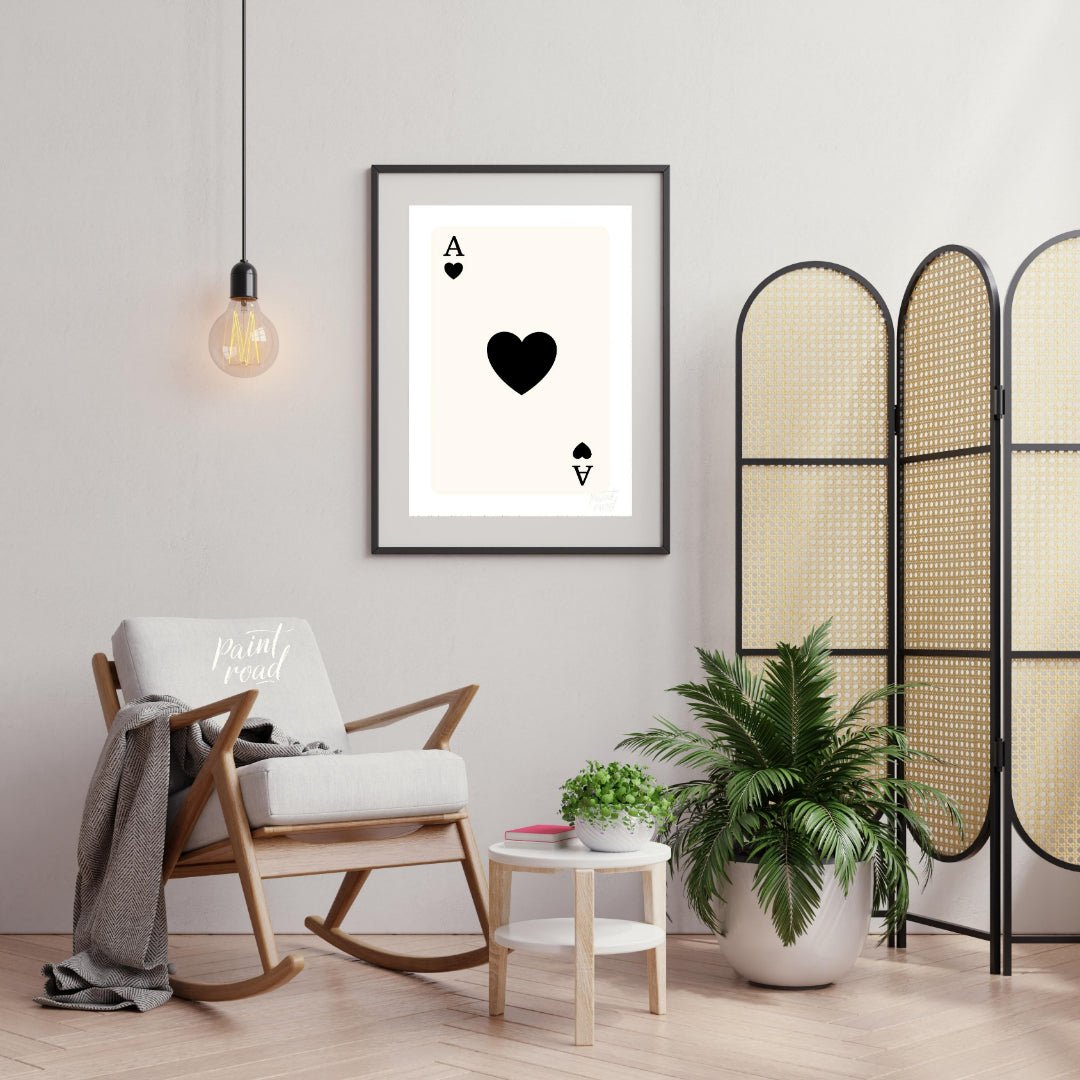 This image displays a classic playing card: the Ace of Hearts. The card is white with a clean, simp… for living room