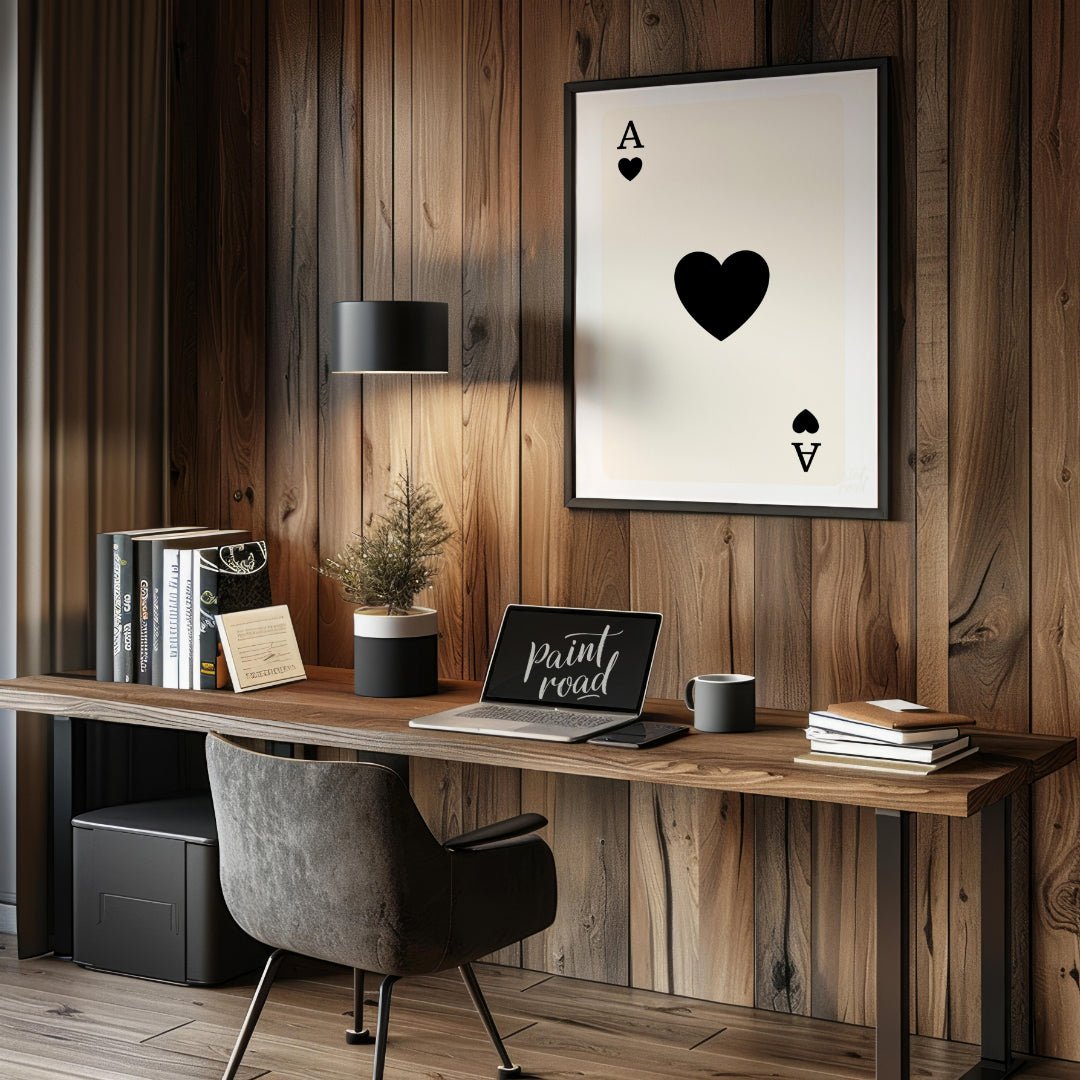 This image displays a classic playing card: the Ace of Hearts. The card is white with a clean, simp… for office