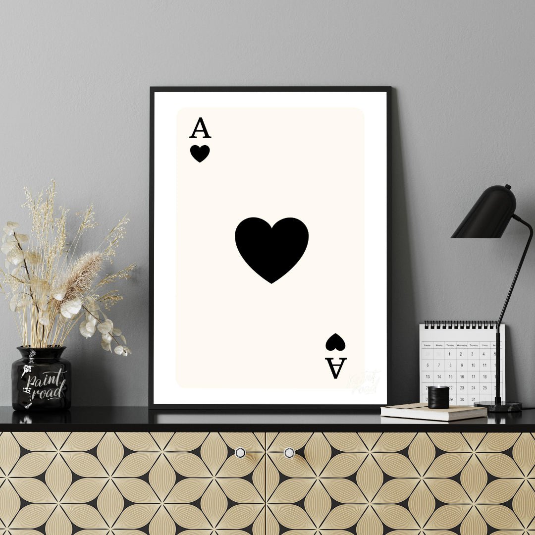 This image displays a classic playing card: the Ace of Hearts. The card is white with a clean, simp… for office