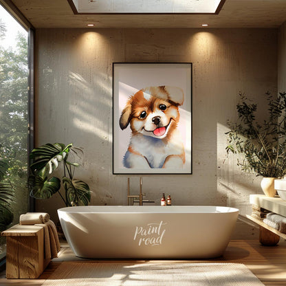This delightful watercolor painting captures the essence of pure puppy joy with its close-up depict… for bathroom