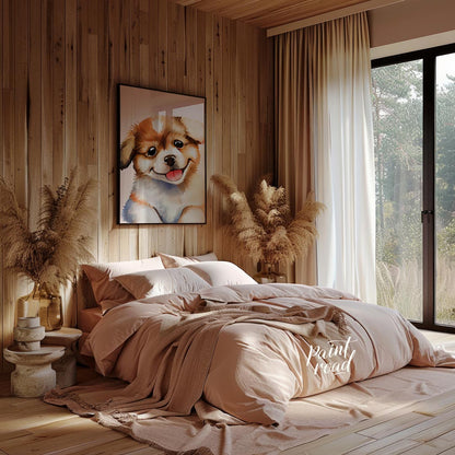 This delightful watercolor painting captures the essence of pure puppy joy with its close-up depict… for bedroom