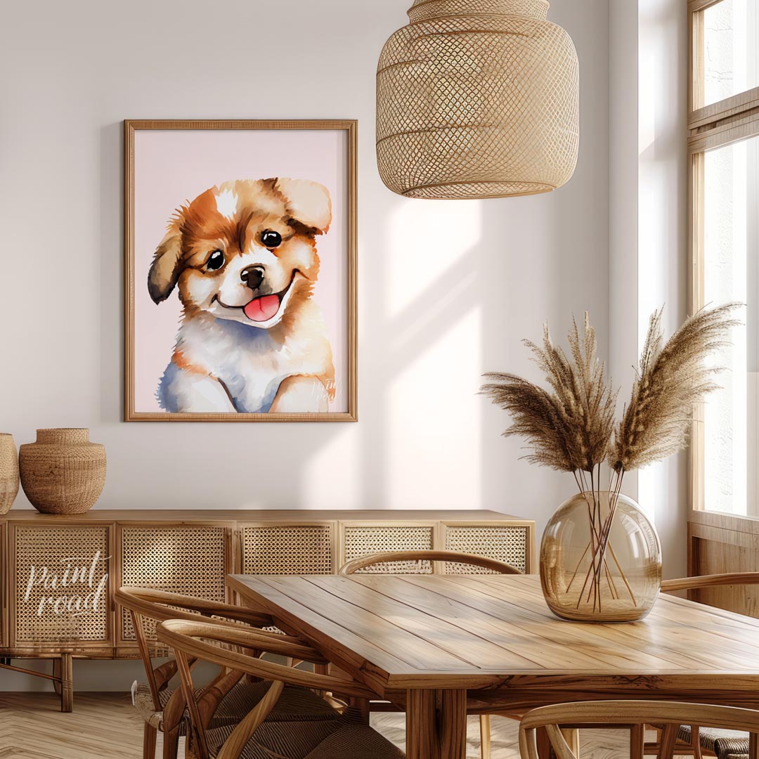 This delightful watercolor painting captures the essence of pure puppy joy with its close-up depict… for dining room