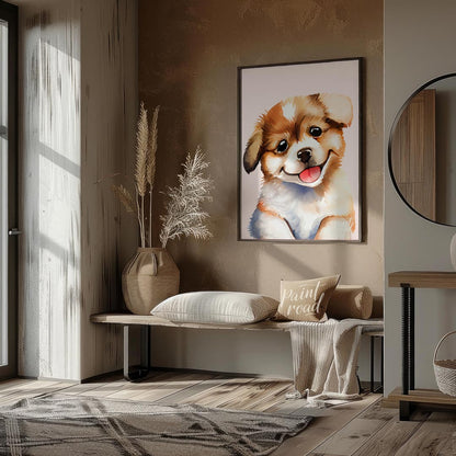 This delightful watercolor painting captures the essence of pure puppy joy with its close-up depict… for entryway