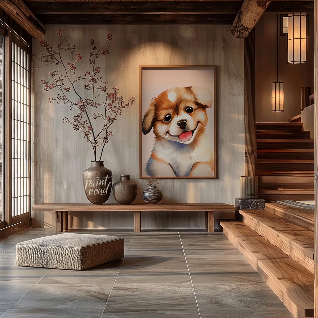 This delightful watercolor painting captures the essence of pure puppy joy with its close-up depict… for entryway