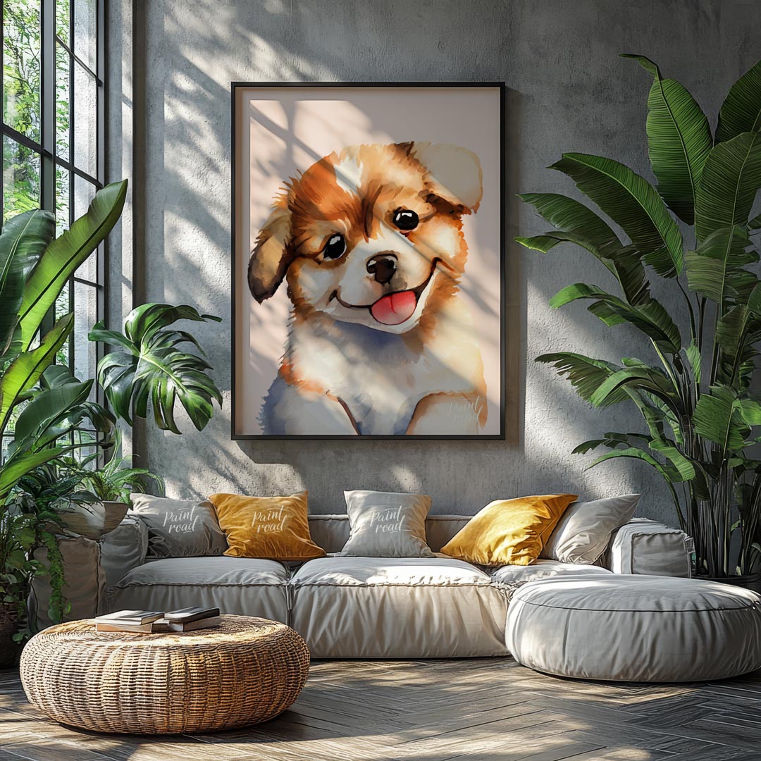 This delightful watercolor painting captures the essence of pure puppy joy with its close-up depict… for living room