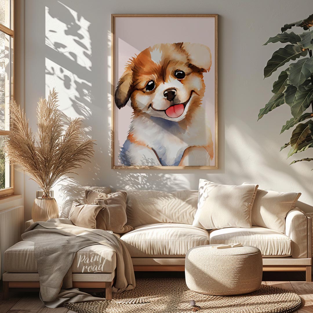 This delightful watercolor painting captures the essence of pure puppy joy with its close-up depict… for living room