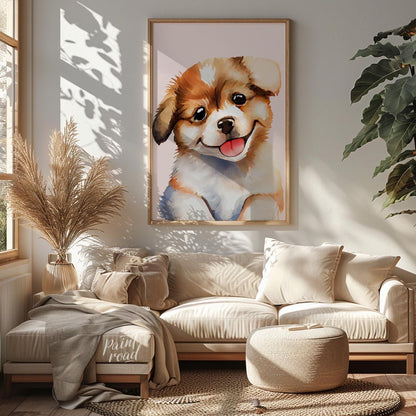 This delightful watercolor painting captures the essence of pure puppy joy with its close-up depict… for living room