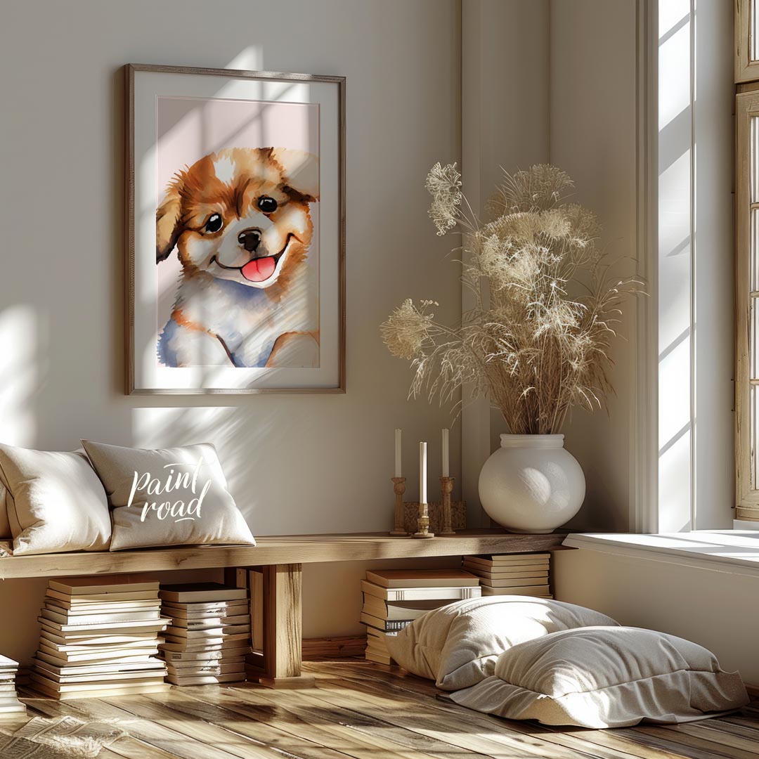 This delightful watercolor painting captures the essence of pure puppy joy with its close-up depict… for living room