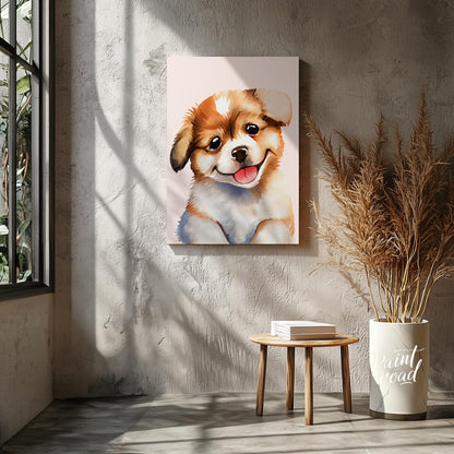 This delightful watercolor painting captures the essence of pure puppy joy with its close-up depict… for other
