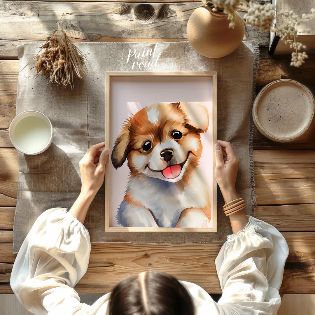 This delightful watercolor painting captures the essence of pure puppy joy with its close-up depict… for other