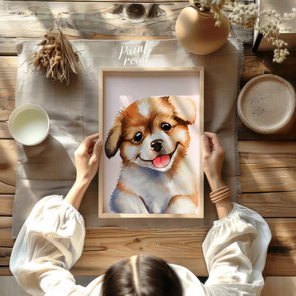 This delightful watercolor painting captures the essence of pure puppy joy with its close-up depict… for other