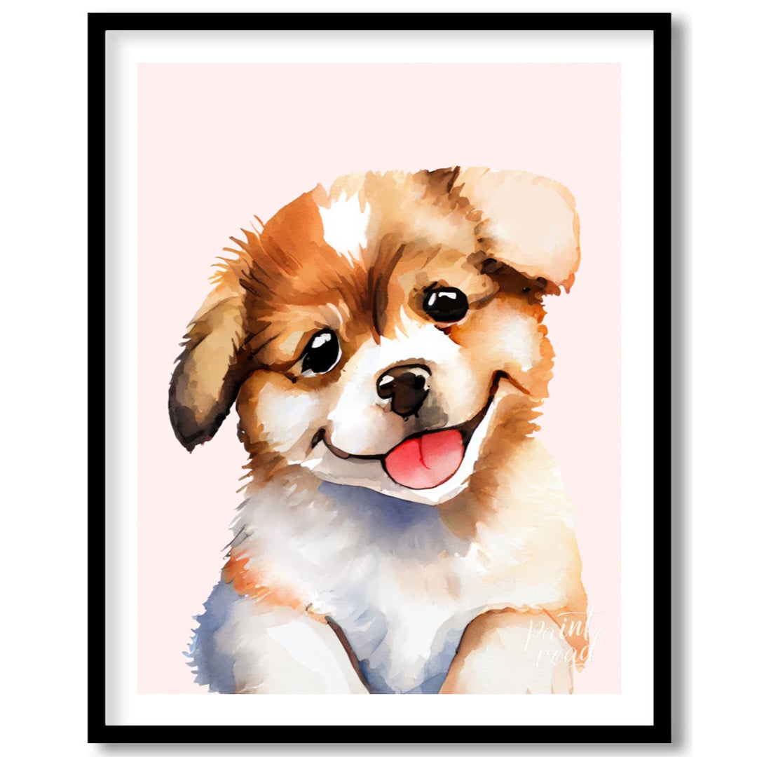 This delightful watercolor painting captures the essence of pure puppy joy with its close-up depict… for place