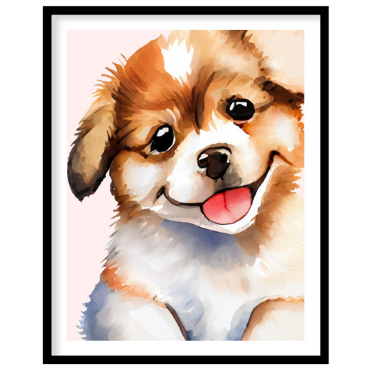 This delightful watercolor painting captures the essence of pure puppy joy with its close-up depict… for place