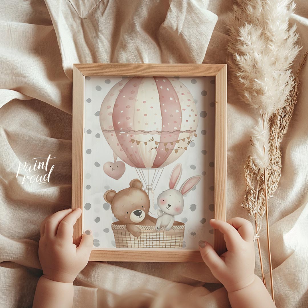 This sweet poster features a whimsical hot air balloon carrying a friendly bear and a bunny, floati… for nursery
