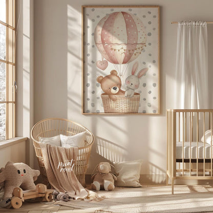 This sweet poster features a whimsical hot air balloon carrying a friendly bear and a bunny, floati… for nursery