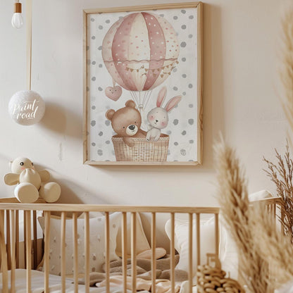 This sweet poster features a whimsical hot air balloon carrying a friendly bear and a bunny, floati… for nursery