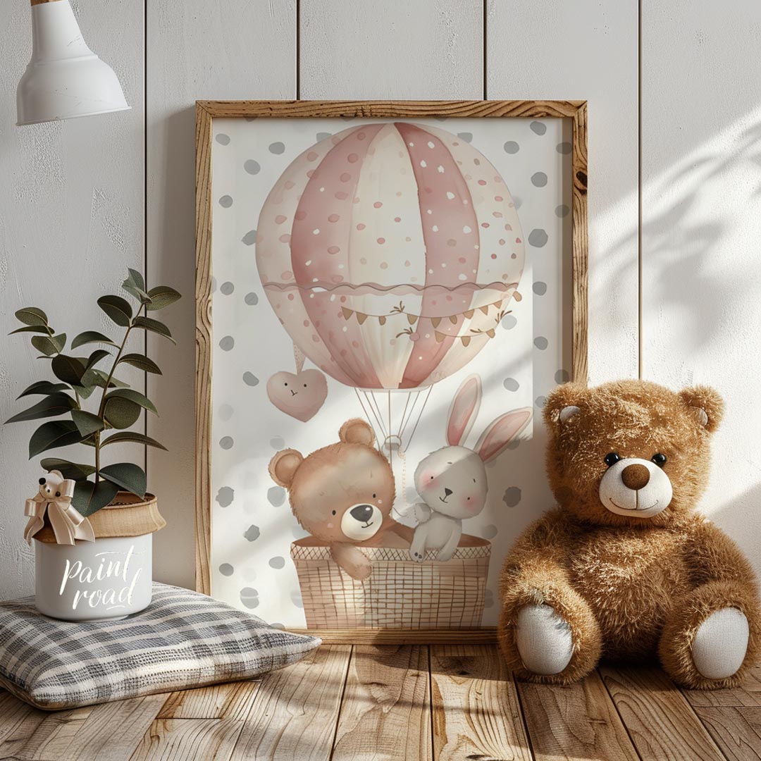 This sweet poster features a whimsical hot air balloon carrying a friendly bear and a bunny, floati… for nursery