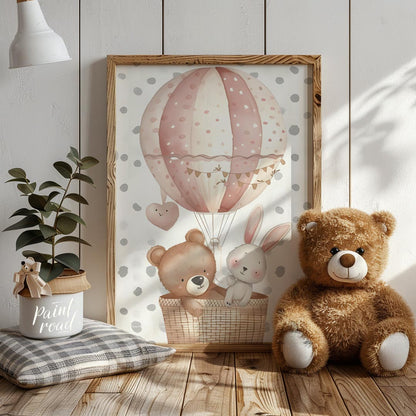 This sweet poster features a whimsical hot air balloon carrying a friendly bear and a bunny, floati… for nursery