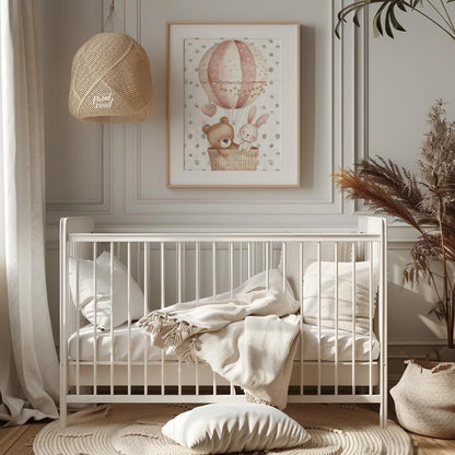 This sweet poster features a whimsical hot air balloon carrying a friendly bear and a bunny, floati… for nursery