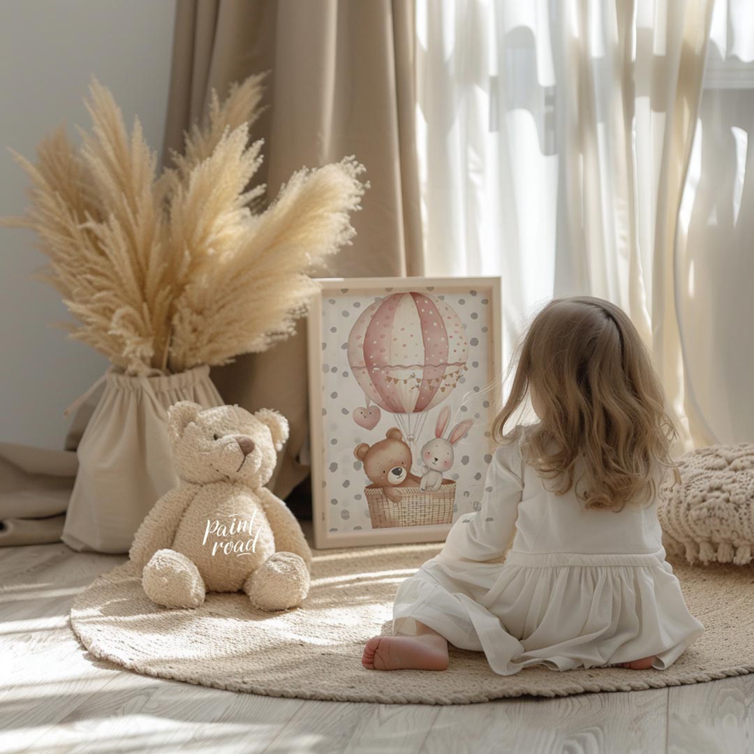 This sweet poster features a whimsical hot air balloon carrying a friendly bear and a bunny, floati… for nursery