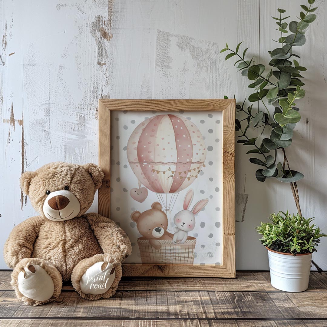 This sweet poster features a whimsical hot air balloon carrying a friendly bear and a bunny, floati… for nursery
