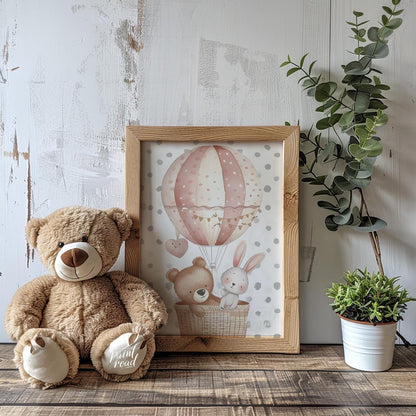 This sweet poster features a whimsical hot air balloon carrying a friendly bear and a bunny, floati… for nursery