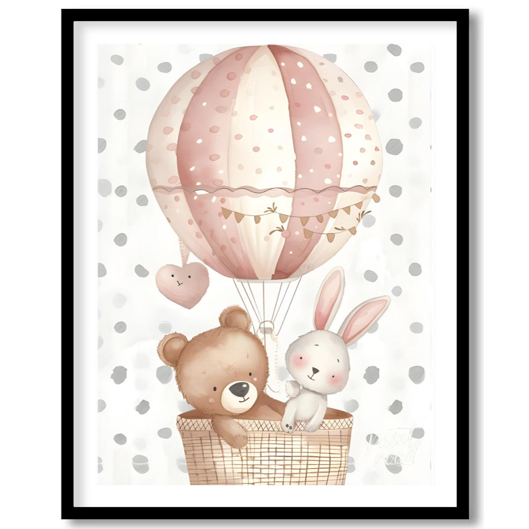 This sweet poster features a whimsical hot air balloon carrying a friendly bear and a bunny, floati… for room