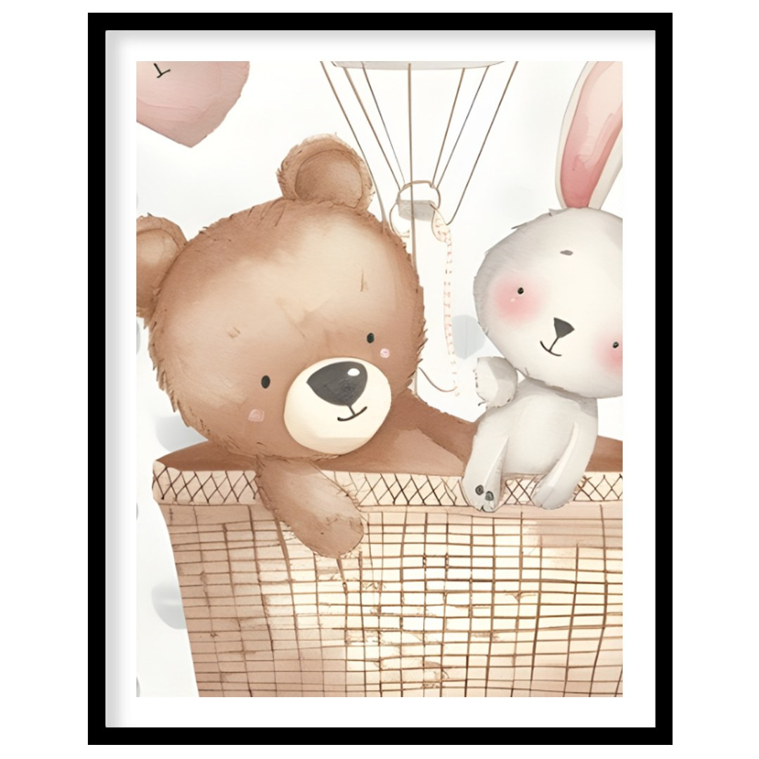 This sweet poster features a whimsical hot air balloon carrying a friendly bear and a bunny, floati… for room