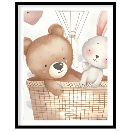 This sweet poster features a whimsical hot air balloon carrying a friendly bear and a bunny, floati… for room
