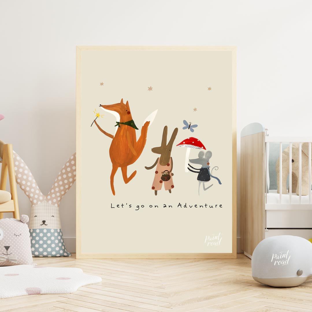 This charming and whimsical poster depicts a delightful scene of woodland creatures embarking on an… for nursery