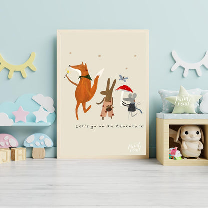 This charming and whimsical poster depicts a delightful scene of woodland creatures embarking on an… for nursery