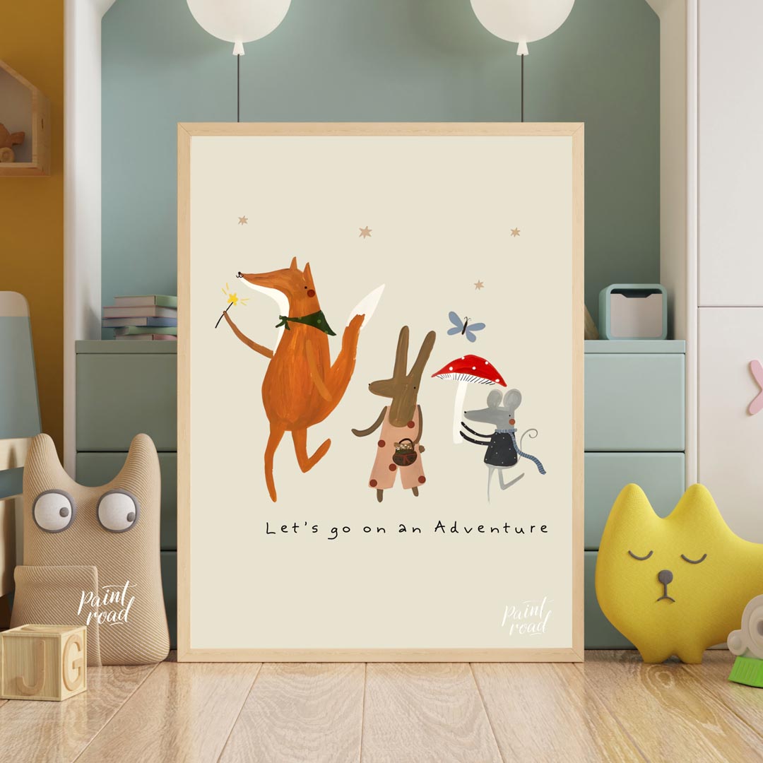 This charming and whimsical poster depicts a delightful scene of woodland creatures embarking on an… for nursery