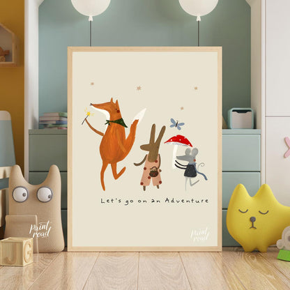 This charming and whimsical poster depicts a delightful scene of woodland creatures embarking on an… for nursery
