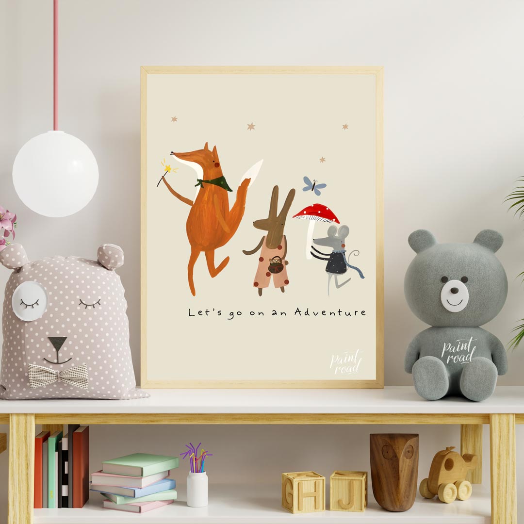 This charming and whimsical poster depicts a delightful scene of woodland creatures embarking on an… for nursery