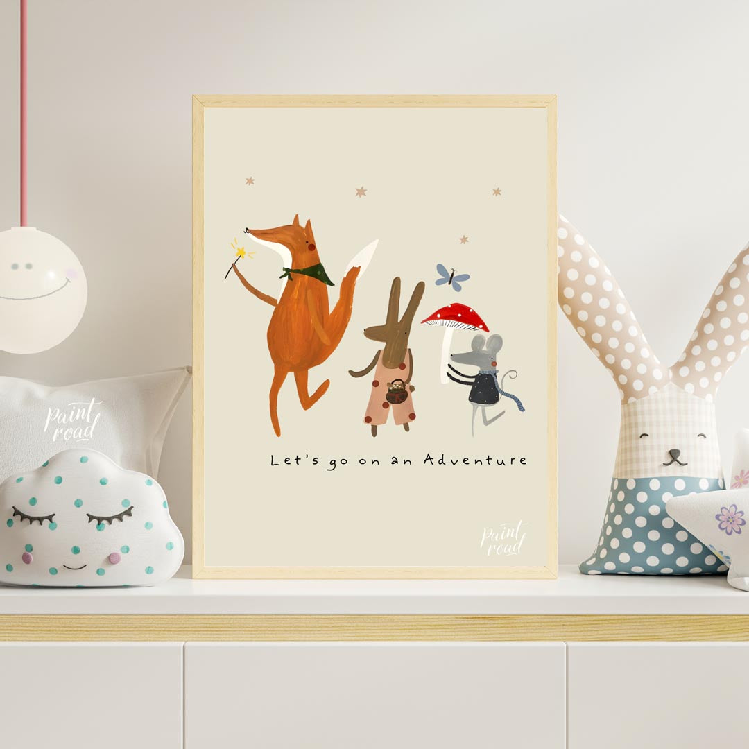 This charming and whimsical poster depicts a delightful scene of woodland creatures embarking on an… for nursery