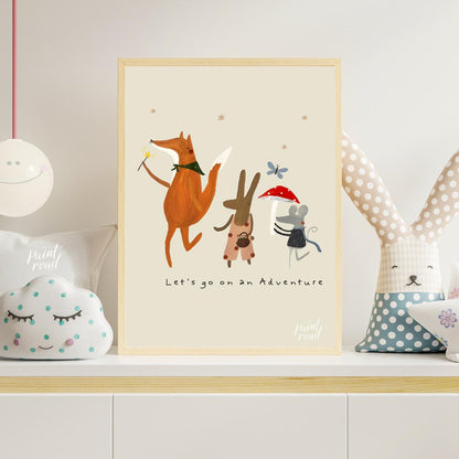 This charming and whimsical poster depicts a delightful scene of woodland creatures embarking on an… for nursery