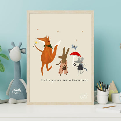 This charming and whimsical poster depicts a delightful scene of woodland creatures embarking on an… for nursery