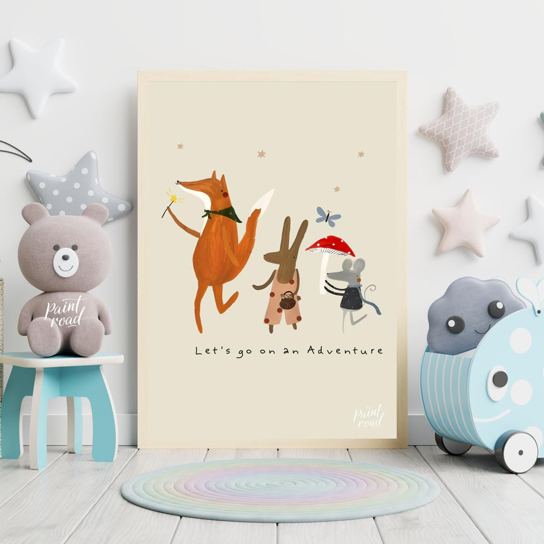 This charming and whimsical poster depicts a delightful scene of woodland creatures embarking on an… for nursery