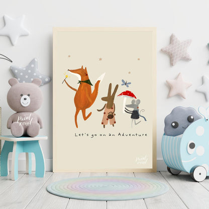 This charming and whimsical poster depicts a delightful scene of woodland creatures embarking on an… for nursery