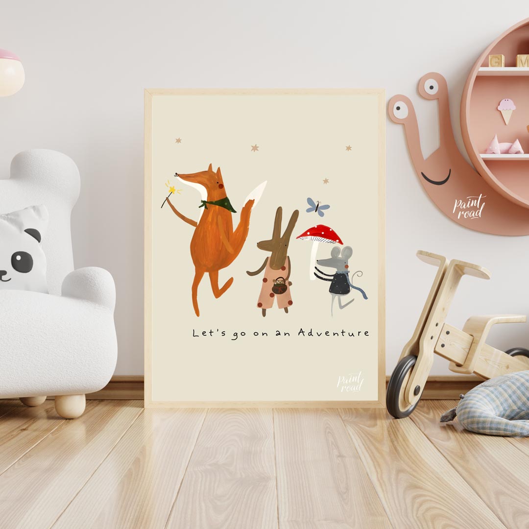 This charming and whimsical poster depicts a delightful scene of woodland creatures embarking on an… for nursery