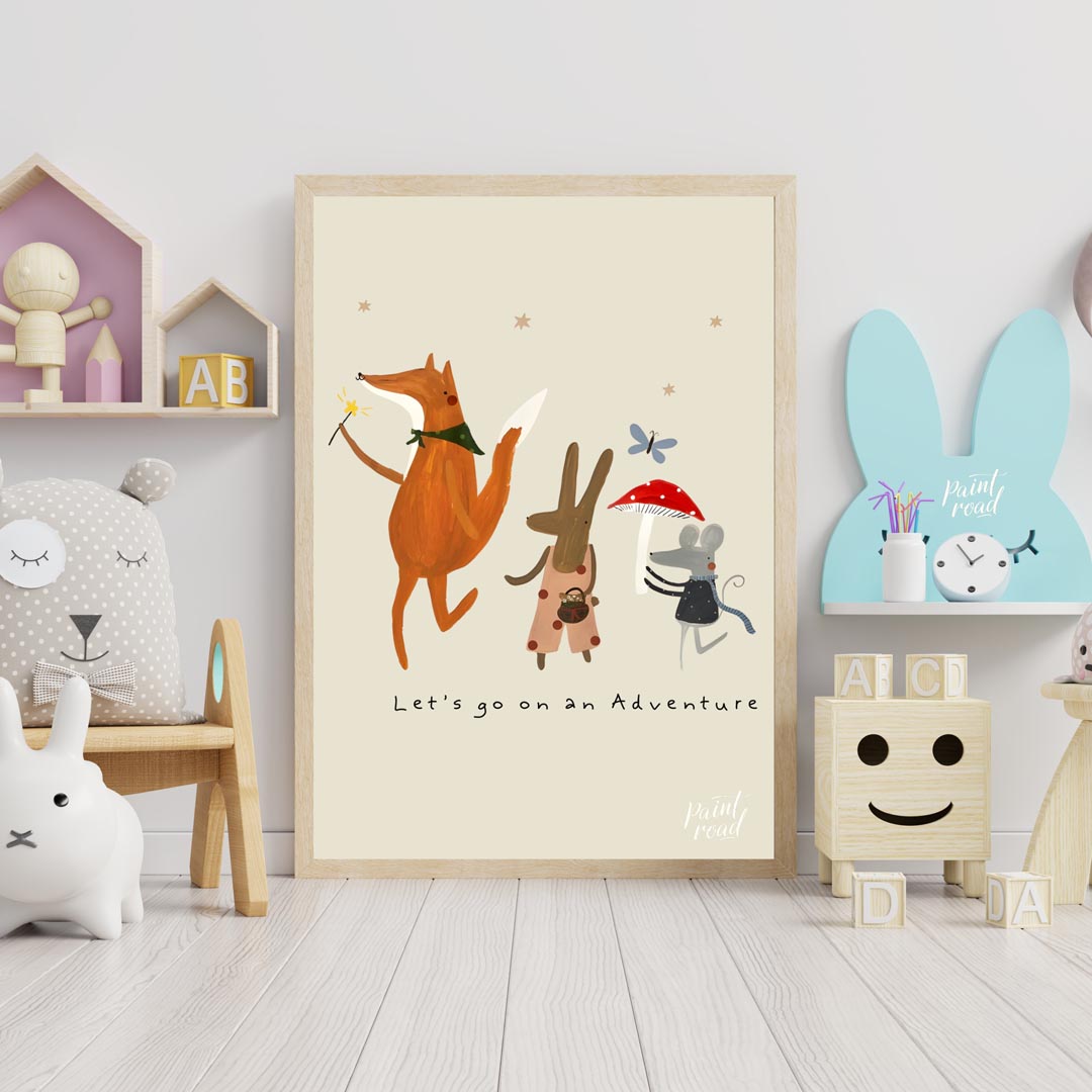 This charming and whimsical poster depicts a delightful scene of woodland creatures embarking on an… for nursery