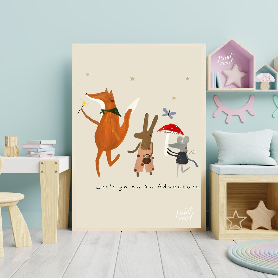 This charming and whimsical poster depicts a delightful scene of woodland creatures embarking on an… for nursery