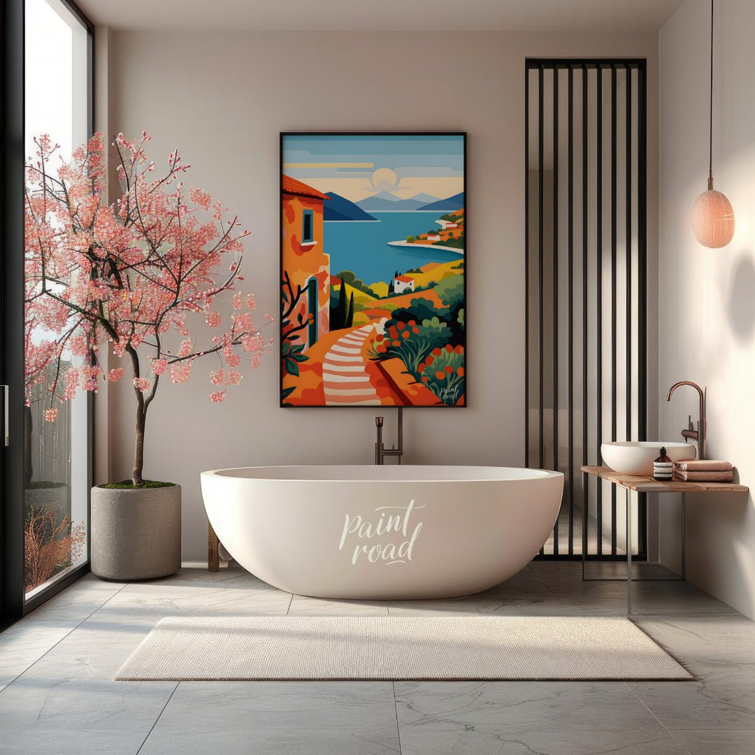 This vibrant digital illustration captures a picturesque scene reminiscent of the Greek Islands, wi… for bathroom